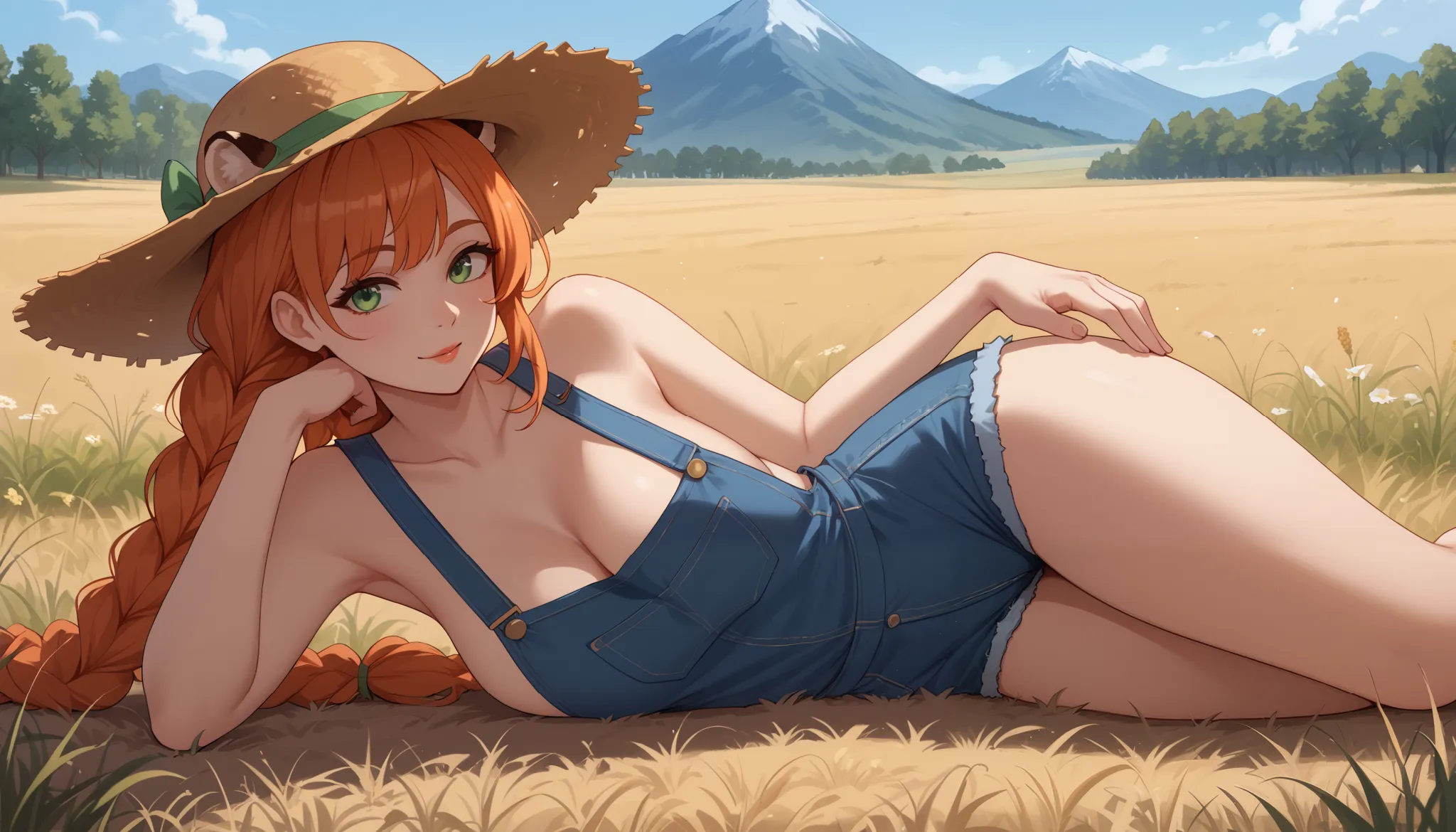 (Masterpiece) (High Detail) (High Res) A short curvy slim Humanoid red_panda Female with tanned human skin and bright green eyes and long braided orange hair and fluffy orange red_panda ears and a long fluffy red_panda tail and medium breasts. She is layin...