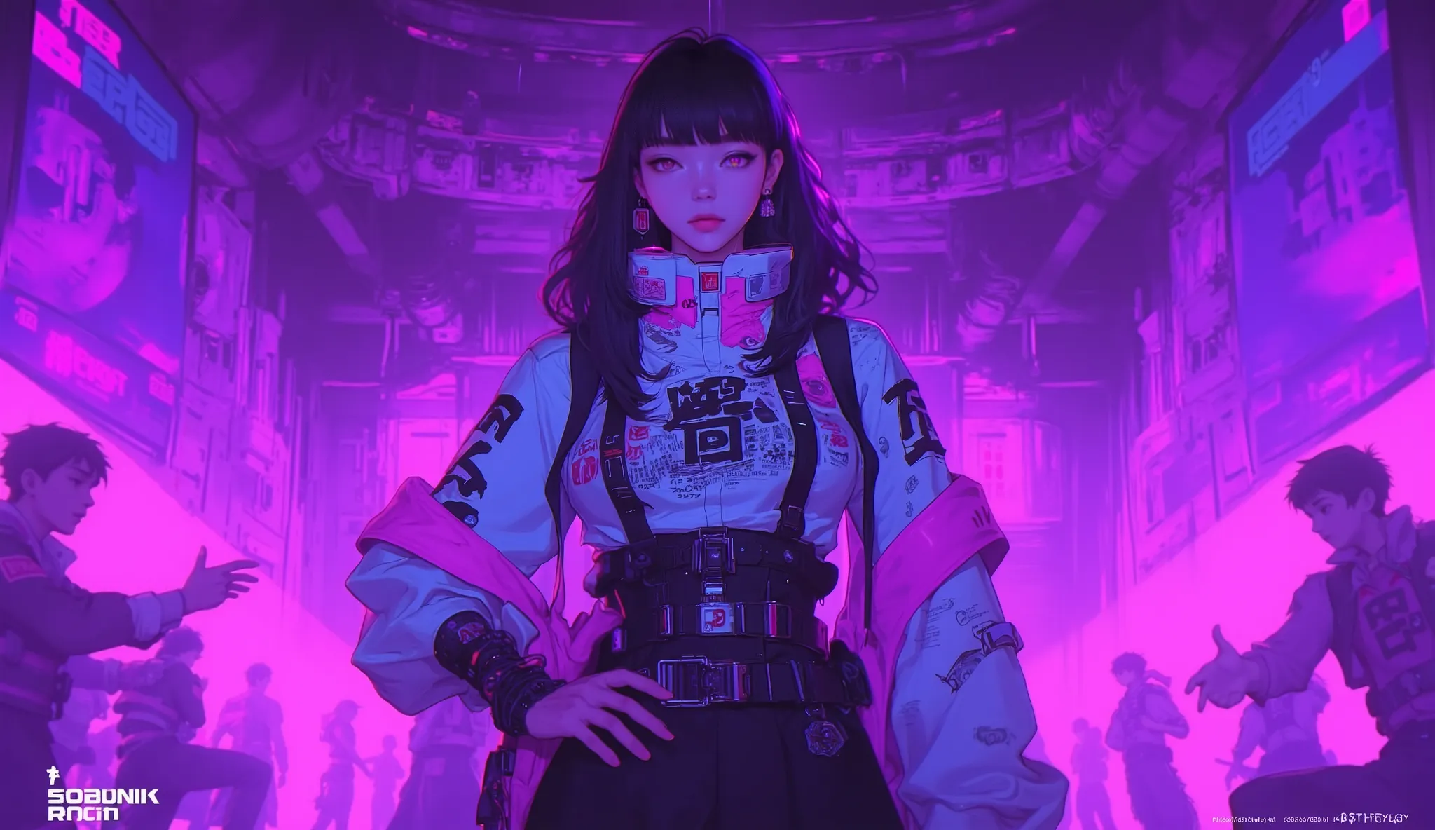 TOP QUALITY　Ultra delicate　 Japanese Anime Anime　 one pretty girl　　Strong shadows 　Pink light　purple scenery　contrast after screen action 　サイバーpunk　punk