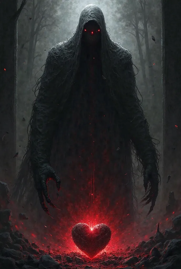 A dark illustration of the Era Eater in Shadows of Awakening, an ancient entity sealed in the Heart of the Ages. An indistinct form of colossal shadow, with vague outlines of claws and glowing eyes in deep red, partially visible through broken magic chains...