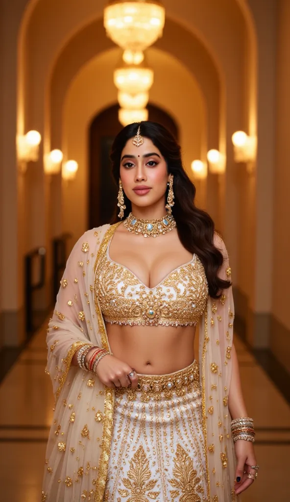 cinematic full-body portrait of an enchanting Indian woman, standing gracefully in a grand palace corridor, wearing a luxurious white and gold lehenga with intricate embroidery, deep neckline accentuating her curves, sheer dupatta draping over her shoulder...