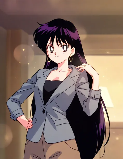 masterpiece,best quality,amazing quality, sailormarshinorei, 1girl, solo, black hair, long hair, bangs, purple eyes,looking at viewer, seductive smile, closed mouth, a grey jacket, with a black strapless shirt, brown shorts, golden hoop earrings, portrait,...