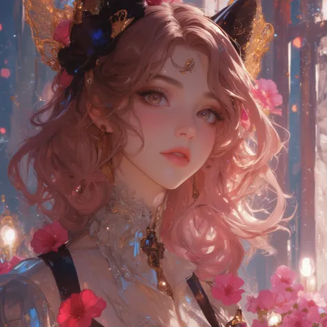 （（masterpiece）），（  Best Quality ）））， Very detailed，  Is Sweating ，（  Very delicate beautiful face  ），（  beautiful eyes every detail），The chest is covered with petals ，（  big boobs ，  pink hair）， focus on breasts  ，  Complex Eyes  ，Exquisite decoration  ， c...