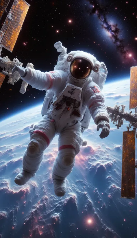 1 Astronaut floating and working outside of the International Space Station, wearing a white Extravehicular Activity (EVA) suit, Earth in the background with a colorful nebula, detailed and realistic International Space Station, detailed realistic Earth te...
