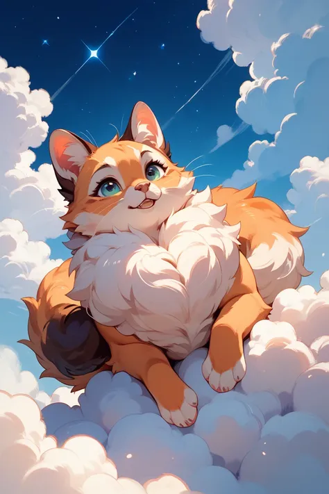 A fluffy, adorable kitten with soft white and orange fur is peacefully sleeping on a cloud, surrounded by a dreamy night sky. 