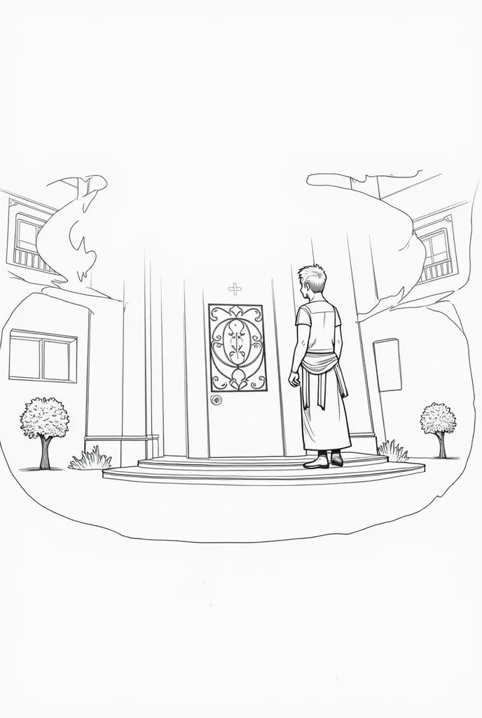 Panel 1: Balram knocking on a mansion's door. The Stork’s family answers.)
Make a comics drawing without color