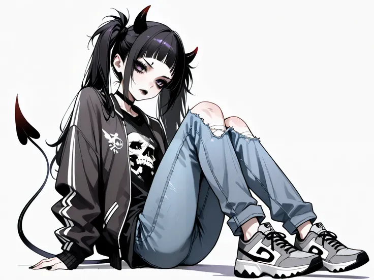 skinny tired girl is belong to emo/goth subculture.  girl has  black-and-white scene hairstyle: long emo bangs that hide half of her face,  long hair gathered in two black high messy spiky long pigtails. Her eyes are purple.  She has black Gothic makeup: b...