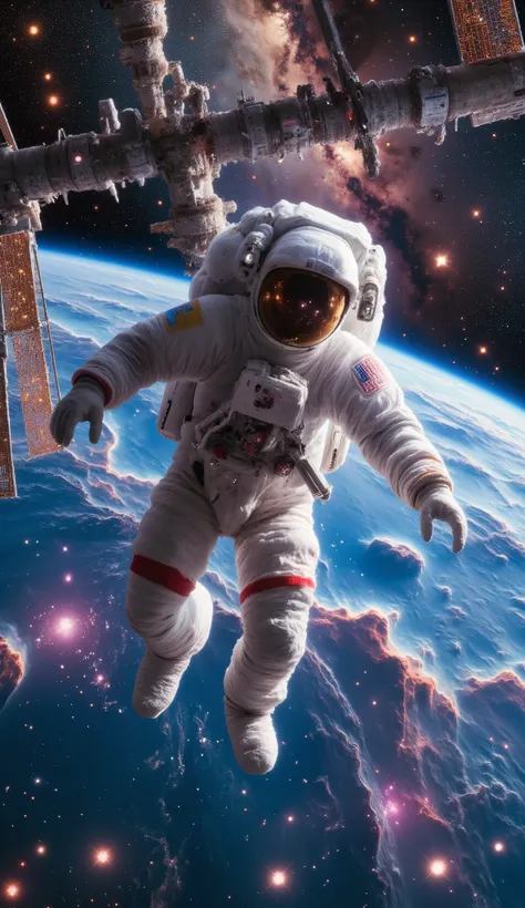 1 Astronaut floating and working outside of the International Space Station, wearing a white Extravehicular Activity (EVA) suit, Earth in the background with a colorful nebula, detailed and realistic International Space Station, detailed realistic Earth te...