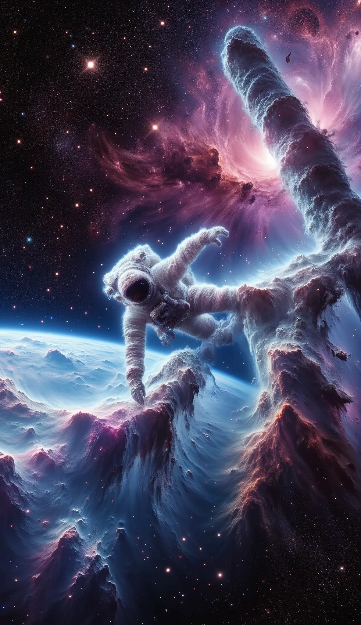 1 Astronaut floating and working outside of the International Space Station, wearing a white Extravehicular Activity (EVA) suit, Earth in the background with a colorful nebula, detailed and realistic International Space Station, detailed realistic Earth te...