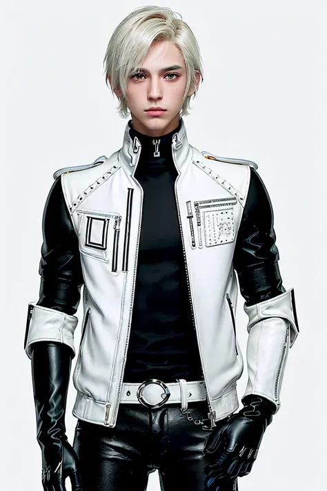 ((Final fantasy taste and reality graphics)), ((Japanese young cute and cool ikemen  boy)), his age is early 20s, thin eyebrows and beady eyes,, (((((boy wearing cream-white color thick leather, and single-brest double zipper jacket))))), ,(((((leather jac...