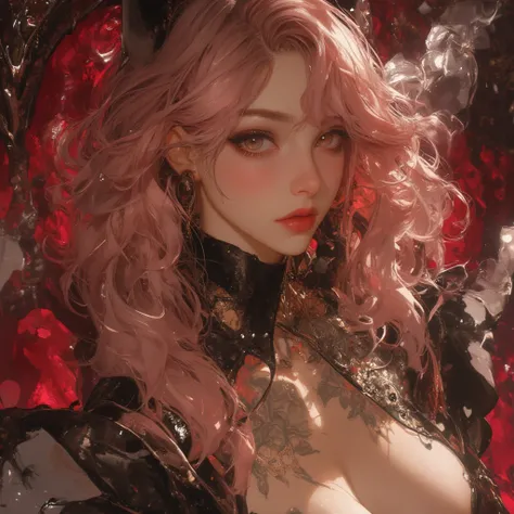 （（masterpiece）），（  Best Quality ）））， Very detailed，  Is Sweating ，（  Very delicate beautiful face  ），（  beautiful eyes every detail），The chest is covered with petals ，（  big boobs ，  pink hair）， focus on breasts  ，  Complex Eyes  ，Exquisite decoration  ， c...