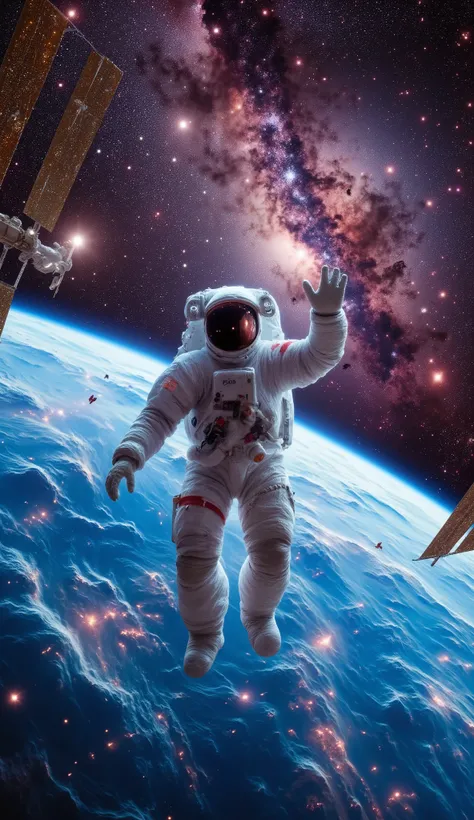 1 Astronaut floating and working outside of the International Space Station, wearing a white Extravehicular Activity (EVA) suit, Earth in the background with a colorful nebula, detailed and realistic International Space Station, detailed realistic Earth te...