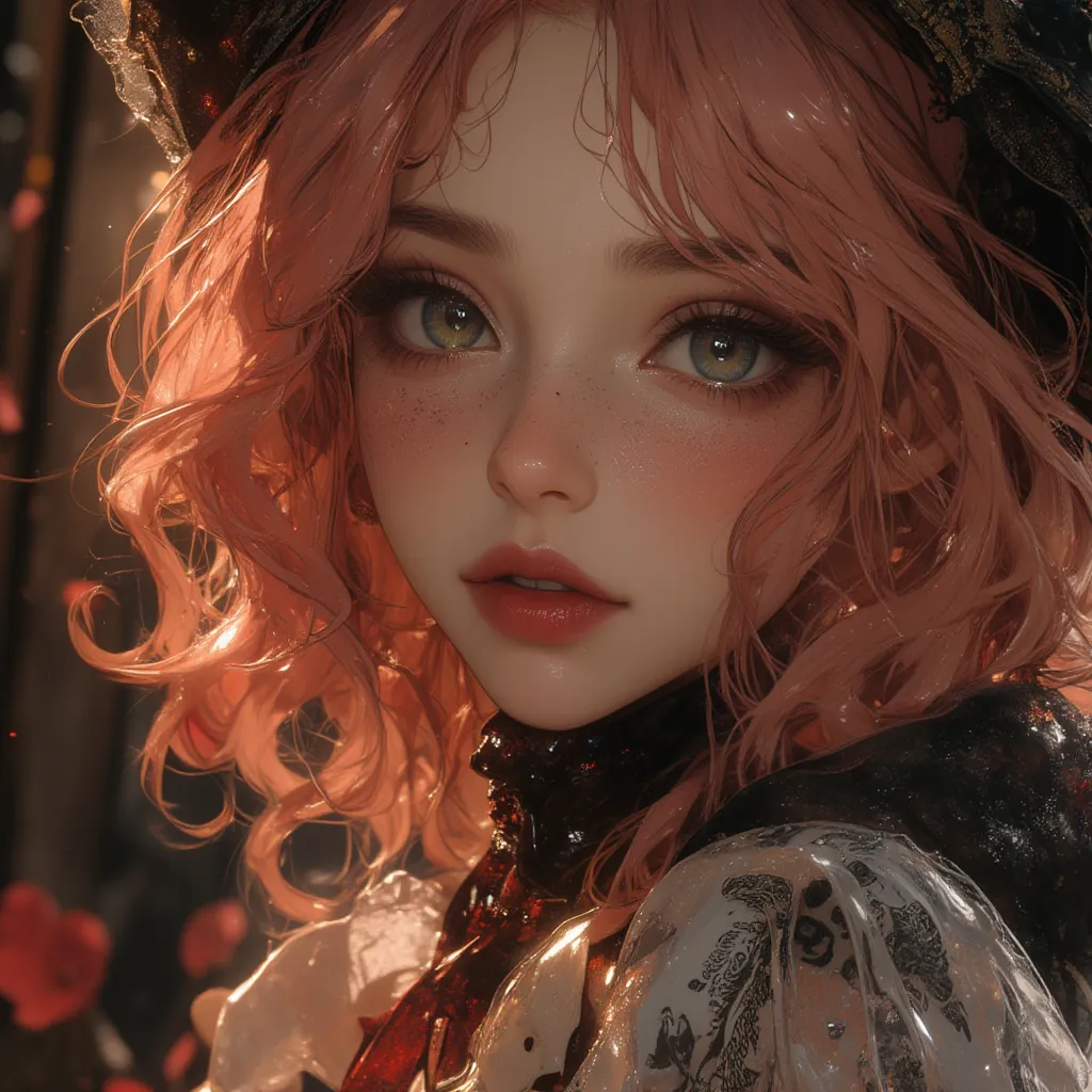 （（masterpiece）），（  Best Quality ）））， Very detailed，  Is Sweating ，（  Very delicate beautiful face  ），（  beautiful eyes every detail），The chest is covered with petals ，（  big boobs ，  pink hair）， focus on breasts  ，  Complex Eyes  ，Exquisite decoration  ， c...