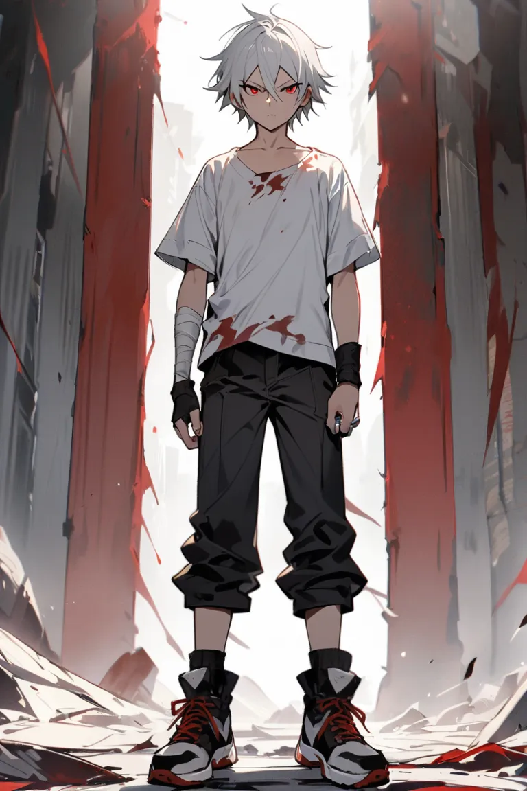 Male sixteen years old, solo, white short shirt, black jean pants, black sneakers, white hair, bandage arms, red eyes, standing, serious look, masterpiece, best quality, black wrist bands, silvers rings fingers, deadman wonderland, High Resolution, cool bo...