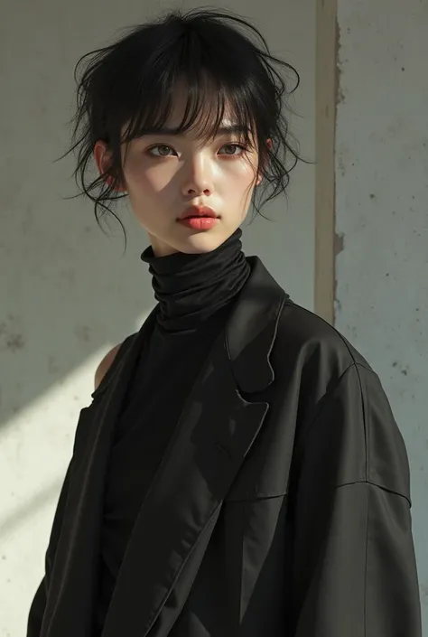 skinny model ,  short hair with bangs, slanted eyes, drawn mouth 