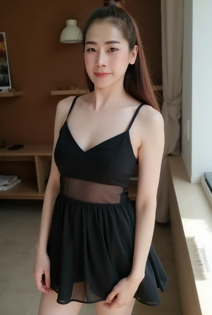 25 years old Korean woman. Masterpiece. Realistic, cinematic quality. Smooth skin depth of field. Facial details. Clear focus. The light hitting her skin makes her stand out (natural light, afternoon light). Natural breasts. Wearing a flowing black see-thr...