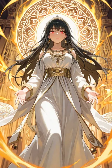 A stunning Indonesian anime-style woman, wearing a traditional white kebaya with intricate red batik motifs, standing gracefully. Her long, flowing black hair moves gently as if touched by a divine breeze. She has a mystical, radiant aura surrounding her e...