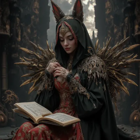 beautiful woman under hoodie, ( Queen of the Elves:1.4) Sitting on the throne,(Cat maid outfit:1.8) ,  perfect face,  full body,  Victorian, Aristocratic costume,  Intricate Decorations ,  spelling, talking, smile, crosses arms on back,  soft rim light ,  ...