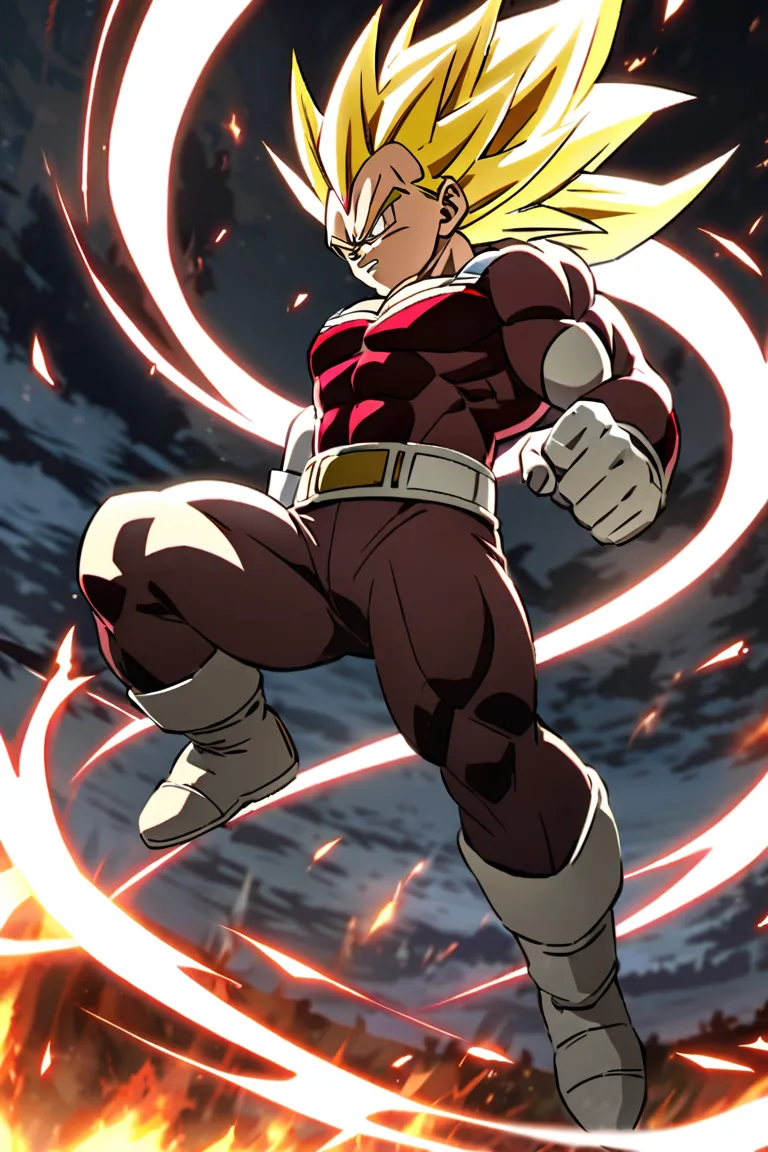 Create Vegeta Super Sayajin 4 with a powerful aura surrounding your flying body 