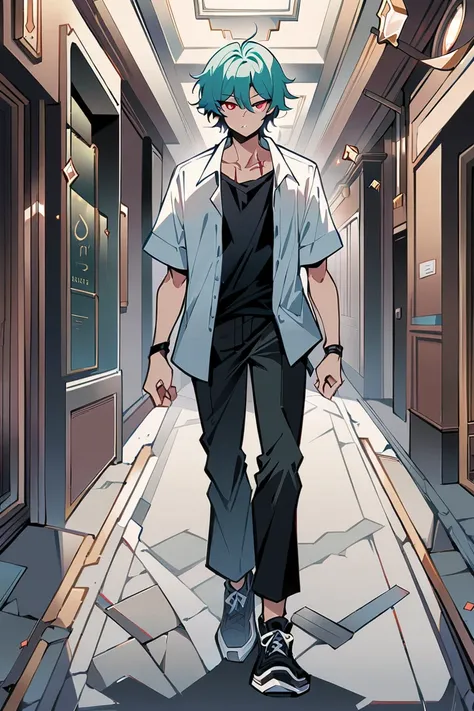 1boy ,solo, short sleeves, white open wide shirt, black undershirt, black jean pants, black sneakers, teal hair, neck scar, red eyes, stoic look, sliver riings fingers, black wrist, looking at viewer, High Resolution, Masterpiece, Best Quality, walking, ha...