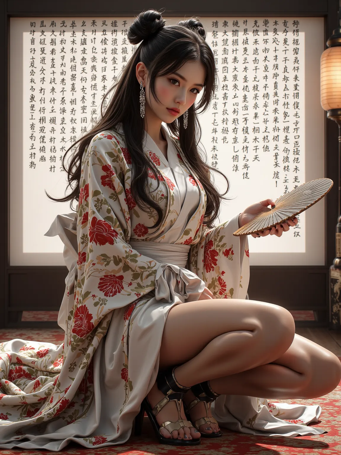 Smooth texture quantity-1girl，woman，portrait，（ 2000s （style），animation：1.3）， Best Quality ，masterpiece，Long hair ， Dark Hair，Arched Liu Hai，Double bun，hair bundle，ribbon， black eyebrows，Brown Eyes，Brown Eyes，Closed mouth earrings， kimono，obi belt，Tradition...