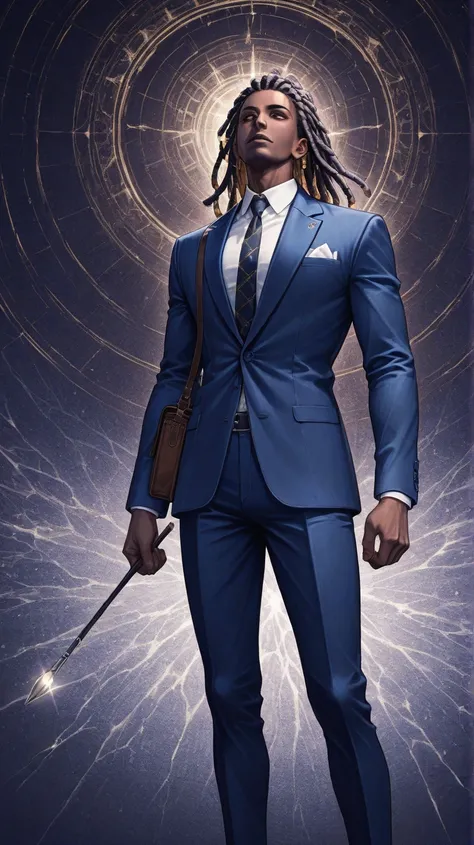 Black African man in blue suit With dreadlocks and African Angel pawer, waring a dark prepoll satchel bag by his side, standing in front a table Of artistic instruments and magical tools, Standing alone, Persian fractal patterns in background, Celestial st...