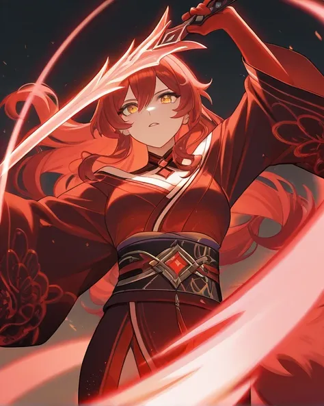 Akane is a striking woman with long, wavy crimson hair that fades to a soft pink at the tips. Her sharp, fox-like golden eyes seem to glimmer with mischief. She wears an elegant yet practical black-and-red kimono-inspired outfit with intricate gold embroid...