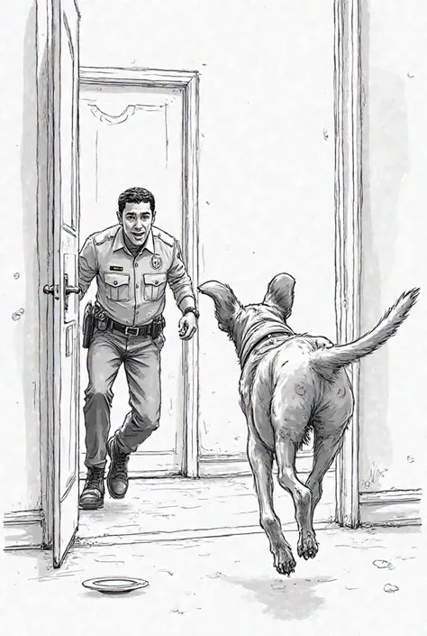 line style . Pincher dog  (officer) running to a half-open door, tail held high and scared look.  (miguel) rising from the chair with a surprised expression.  details: plate flipped on the floor, curtain moving in the wind. Focus on action and tension".