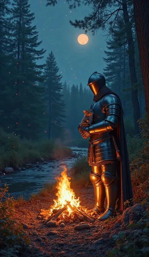 The image portrays a knight In full armor,  including the helmet , standing next to a bonfire in the middle of a forest during the night. The orange light of the flames dances over your armor metallic, reflecting a soft and warm glow, contrasting with the ...