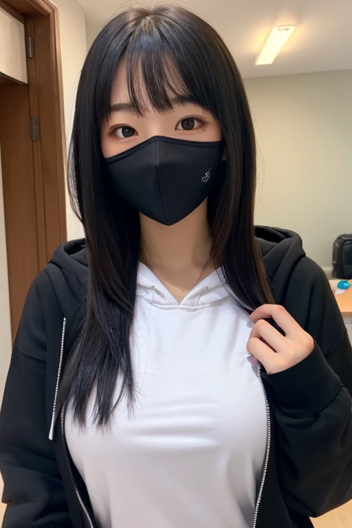 black hoodie　Breasts starting to swell　 black hair　Shoulder length hair　 black mask　Petite　 clear　 high school girl　　No exposure　My bangs are slightly longer than my eyebrows　I can't see my forehead with my hair