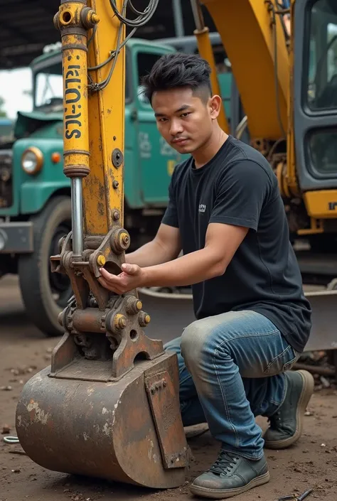 One handsome young man from bandung wearing a black t-shirt jeans shorts he is a professional mechanic,he is repairing an excavator machine writing (FITAGORAS) in body exskavator, his hand holds the workshop mechanic's key tool,background of an outdoor wor...