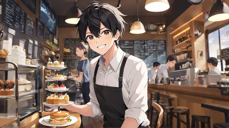  one boy in airspace, solo, high resolution, smiles, shortcuts, high quality,  black hair, Aperture F1.2,  Slim,Cafe,Manager