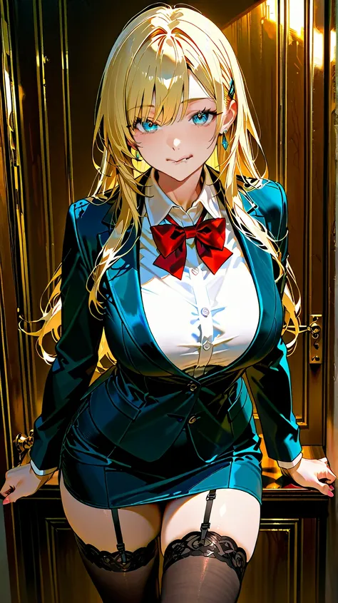 over the age of 25、smile、 blue eyes、 Gold、 MIDDLE HAIR、Model body type、Business suit、Black Garter Stockings、model pose、lure、 office、whole body