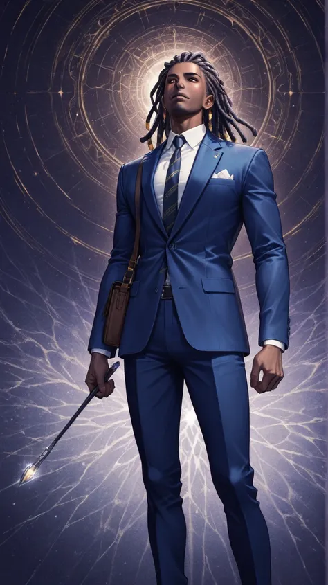 Black African man in blue suit With dreadlocks and African Angel pawer, waring a dark prepoll satchel bag by his side, standing in front a table Of artistic instruments and magical tools, Standing alone, Persian fractal patterns in background, Celestial st...