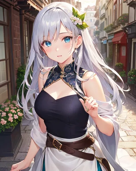 Muted but vibrant colors overall, Manga style, Medieval fantasy style, Silver-haired girl (Ethnicity: 1.2), (Age: 1.1), (Detailed clothing description: 1.2), (Accessories: 1.1), (Facial features: 1.3), (Expression: 1.2), (Body type: 1.1), (Pose: 1.2), Wear...