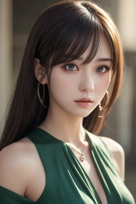  close-up of a woman in a green dress and necklace, ,  Realistic Anime 3D Style , BEAUTIFUL ANIME STYLE PORTRAIT ,  ANIME REALISM STYLE ,  detailed portrait of an anime girl, Beautiful Portraits, Stunning Anime Face Portraits ,  realistic anime art style, ...