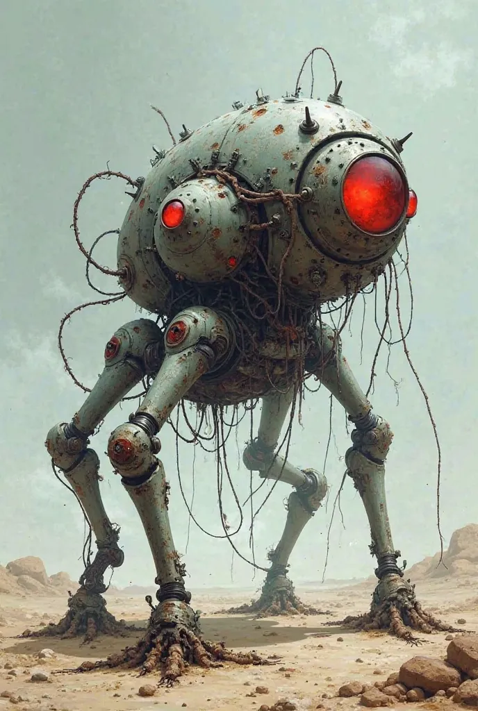 An intriguing illustration of a living machine in Khorvaz, of Shadows of Awakening. A metallic structure half-buried in the glass desert, with legs attached Dull eyes that glow dimly in red. Exposed wires buzz with residual energy, and ash accumulate at th...