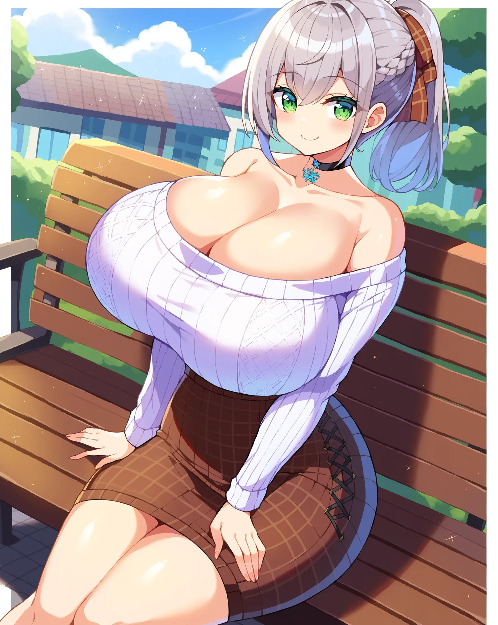 Shuz,1girl,solo, masterpiece, best quality, (extremely detailed CG unity 8k wallpaper), (best illustration), NoelCasual, silver hair, ponytail, medium hair, brown plaid hair ribbon, green eyes, huge breasts, slim body, black choker, white sweater, ribbed s...