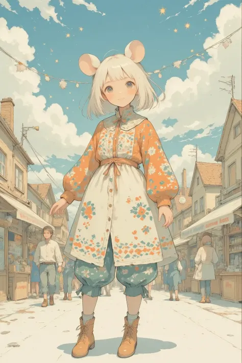 In a bustling market square where culture and festivity entwine, stands Hamuko-chan, a vision of simple elegance and unrestrained joy. Her hamster ears twitch with curiosity, matching the playful spirit of the festival surrounding her. Clad in garments tha...