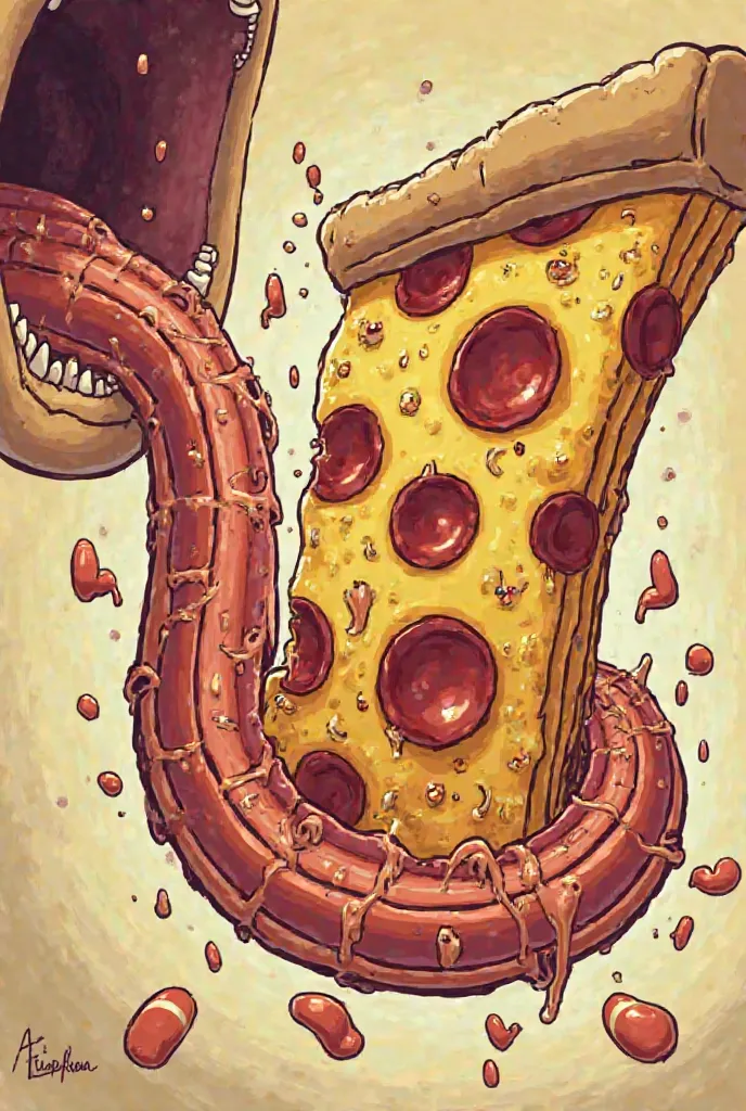 Please create COMICS for this 
Title (Panel 1): "The Amazing Adventure of Patty the Pizza Slice"
Text : Here! I go adventure time!. 

Panel 2: Mouth - Mechanical Digestion Begins
Image:Patty the Pizza Slice enters a giant mouth, teeth are shown chomping do...