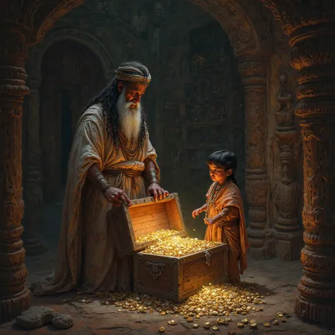 A wise indian king and his son stand in a dimly lit room. The wise son opens an old wooden chest, revealing a large collection of shining silver coins and artifacts, glowing under the soft light. The atmosphere is mysterious and ancient.