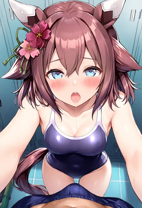 shoot from above, locker room, indoor, dark room, (1girl), standing, torogao, open eyes, steam, parted lips, (saliva:1.1), blush, new school swimsuit, small breasts, arms reaching towards viewer, modest cleavage, breasts press, umamusume, Sakura Chiyono O\...