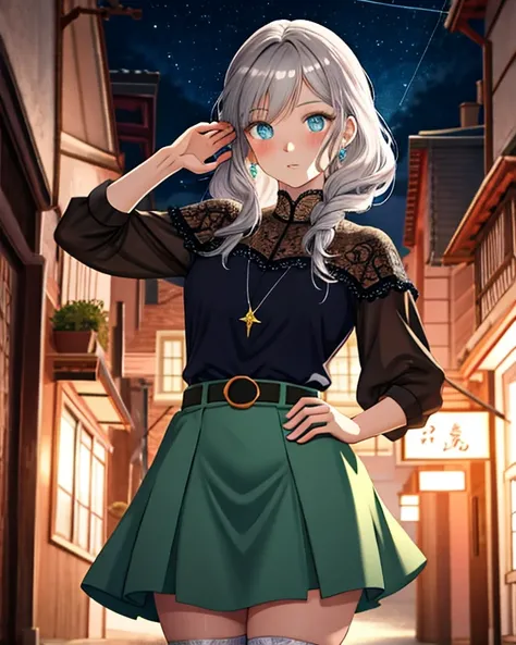 Muted but vibrant colors overall, Manga style, Medieval fantasy style, Night town, Silver-haired girl (Ethnicity: 1.2), (Age: 1.1), (Detailed clothing description: 1.2), (Accessories: 1.1), (Facial features: 1.3), (Expression: 1.2), (Body type: 1.1), (Pose...