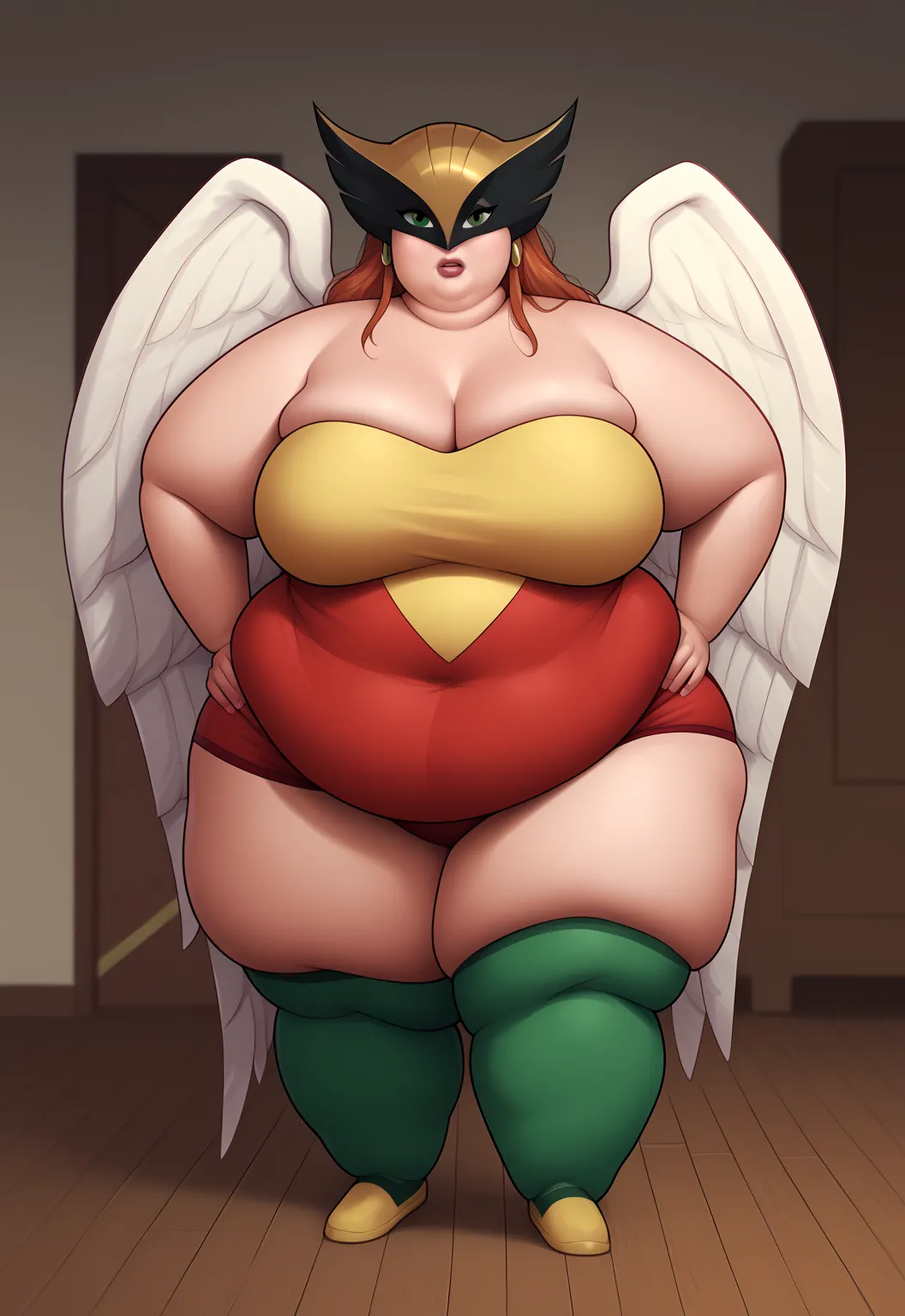 safe_  position  , PonyXLV6_ BREAK  ((special, parody)),   Perfect anatomy  (  Perfect anatomy of an obese female body),, cowboy shot) shayera hol, alas,  angel wings,   long hair,   green eyes , engagement,  Raised eyebrow , (( watching the spectator)), m...