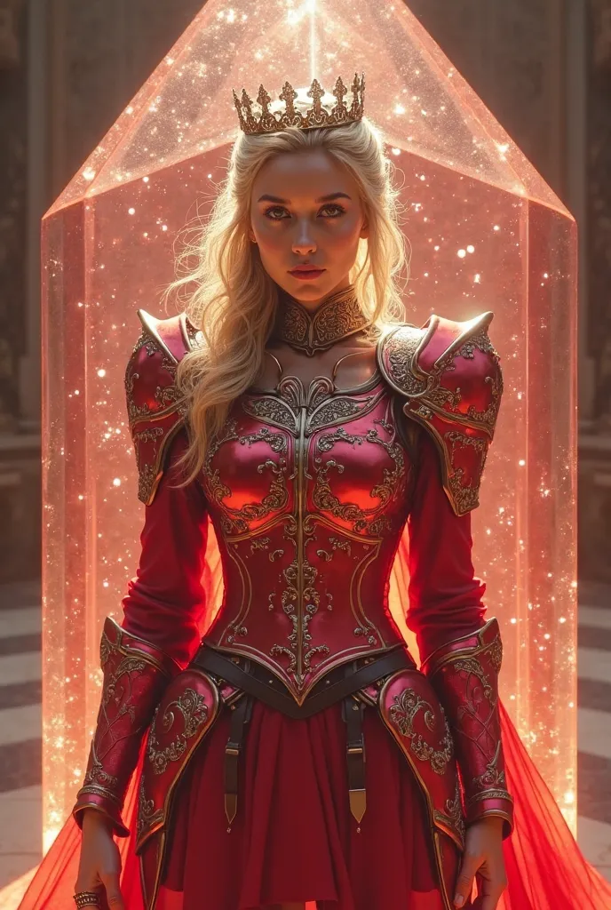 1stunning girl trapped inside a prism crystal ,princess knight,dignified expression,ponytail,girl is wearing red Western-style armor  and tiara,short skirt,Girl in a giant prism crystal,at Corinthian order,Girl in the Prism Crystal,fantasy atmosphere,photo...