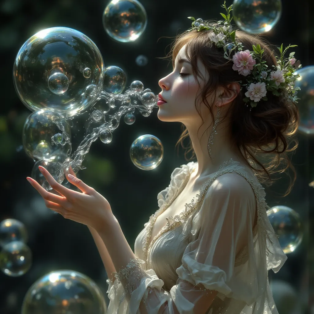 A woman in a dress blowing bubbles, Reusch and Wow, Mysterious Bubbles, Moebius + Reusch + Wow,  dreamy details, intricate Wow,  close-up fantasy 、Water Magic, Fairytale Style Artwork , Fairy tale painting, Anna Dittmann&#39;s Style, Wow art,  real fantasy...