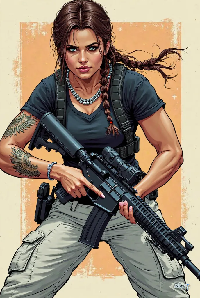 Brunette woman with braided hair and a wing tattoo on her arms wearing a silver necklace, black shirt, black bulletproof vest, white cargo pants. She is aiming an m416. comic art