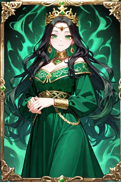 A stunning anime-style female character inspired by Indonesian mythology, dressed in an elegant emerald-green gown with intricate gold embroidery. She wears a golden crown adorned with jewels, signifying her royal status. Her long, flowing black hair casca...