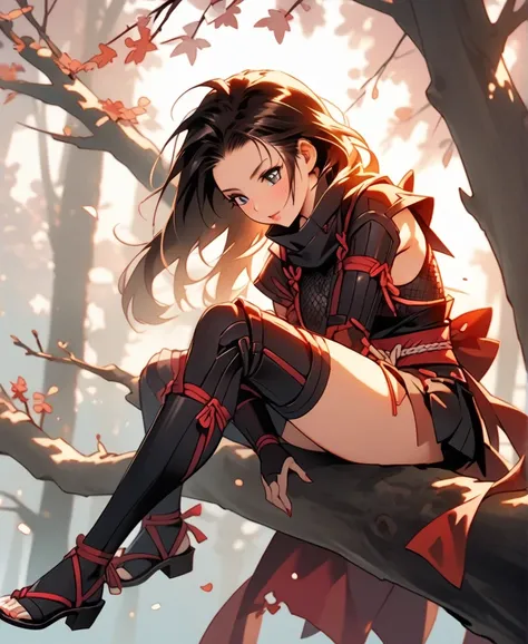 vector art、Female ninja、Sengoku period、Female Ninja、cute、Sitting on a tree branch、SakuraFubuki、Beautiful work、Light production