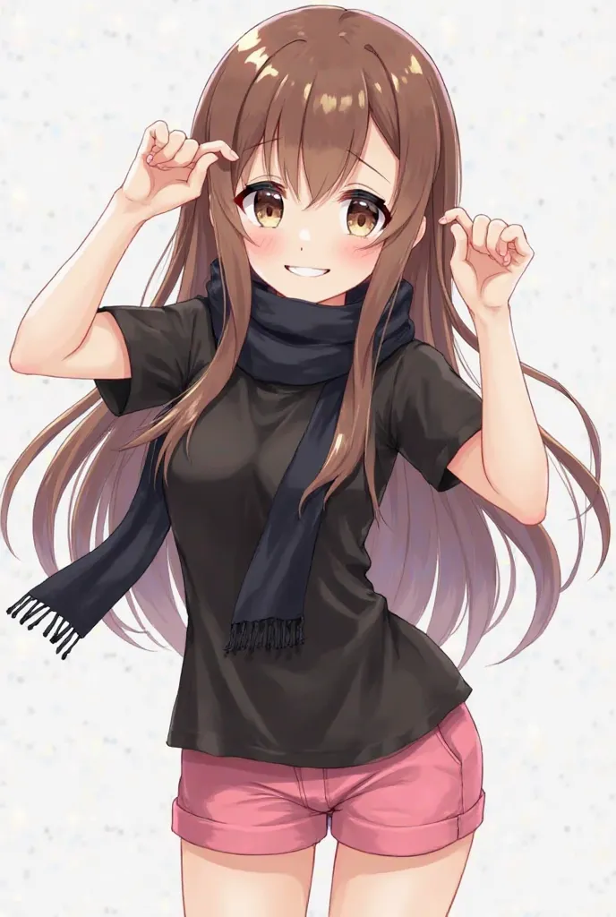 An anime-type girl doing a very cute pose with long brown hair with a butt, wears black lenses she has a very beautiful smile with beautiful eyes, around her neck, a black scarf has a black t-shirt and short pink shorts