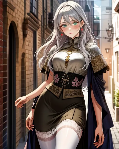 Muted but vibrant colors overall, Manga style, Medieval fantasy style, Night town, Silver-haired girl (Ethnicity: 1.2), (Age: 1.1), (Detailed clothing description: 1.2), (Accessories: 1.1), (Facial features: 1.3), (Expression: 1.2), (Body type: 1.1), (Pose...